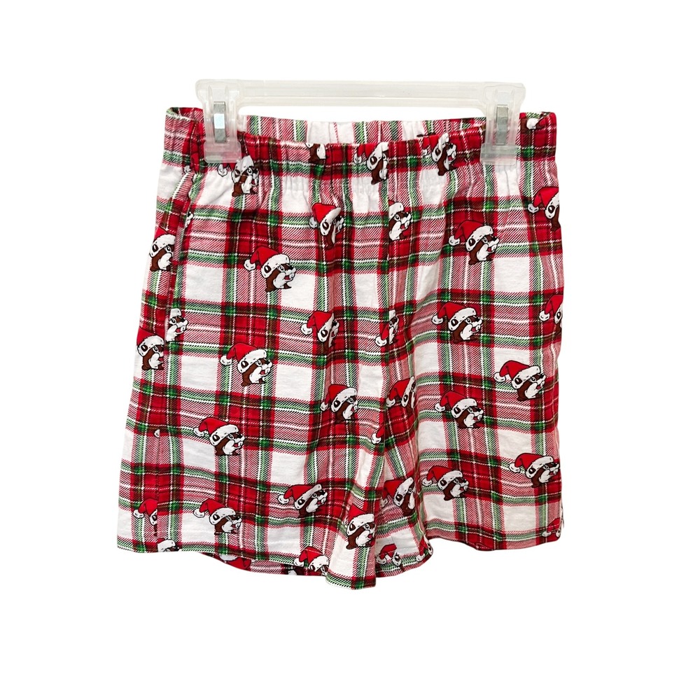 NEW Buc-ees Boys Christmas Pajama Shorts Red Green Plaid Santa Beaver Size XS
